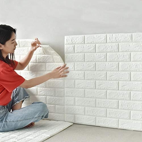02 Piece 3d Wall Stickers Faux Brick White Brick | Bedroom Home Decor Waterproof Self Adhesive Living Room Wallpaper – 70 Cm X 77 Cm